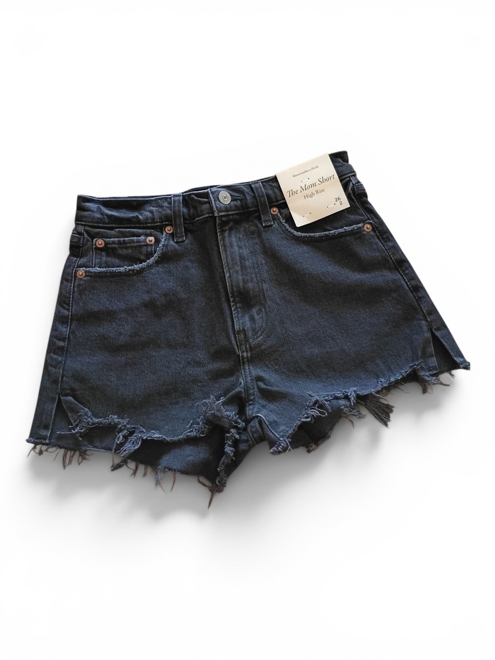 Abercrombie & Fitch Black The Mom Short  High-Rise Frayed Jean Shorts